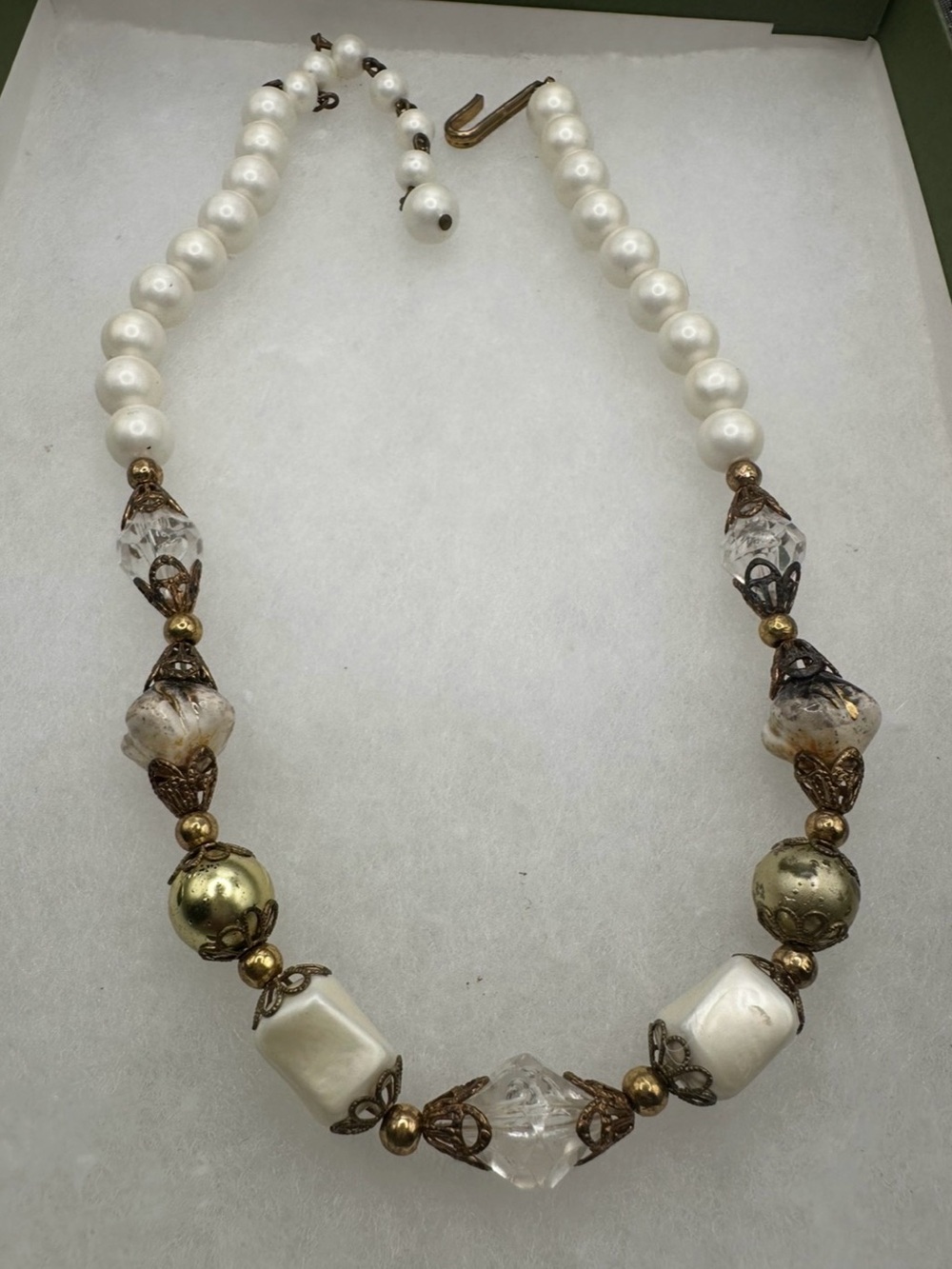 Vintage 1950s Chunky Faux Pearl & Brass Filigree Statement Necklace